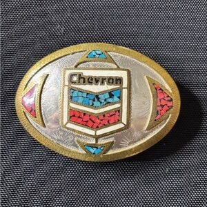 CHEVRON 70s Brass & Inlaid Turquoise/ Coral  Belt Buckle